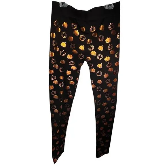 Pumpkin‎ Metallic Black Orange Leggings Goth Grunge Y2K Small/Medium