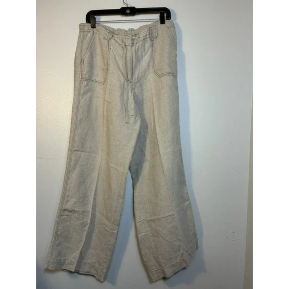 J Jill Wide Leg Pants Sz 16W 100% Linen Tan Lagenlook Beach Pockets‎ Coastal
