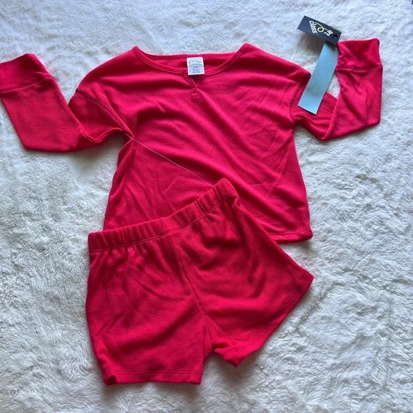 Art Class Kids Red‎ Thermal Waffle Knit Pajama Set XS 4/5 Long Sleeve Shorts NEW
