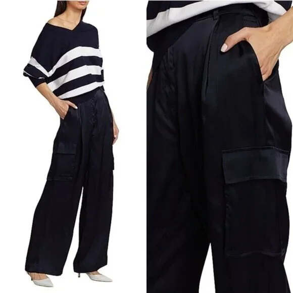 Marella Birillo Navy Satin Cargo Wide-Leg Pants • Size 4 • High-Rise Luxe NWT