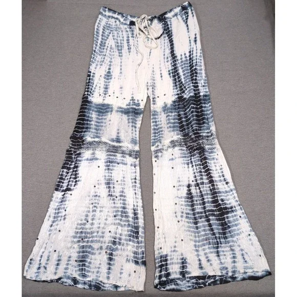 Anthropologie RAGA Black Gray WhiteTie Dye Wide Leg Flare Embroidery Lace Sequin