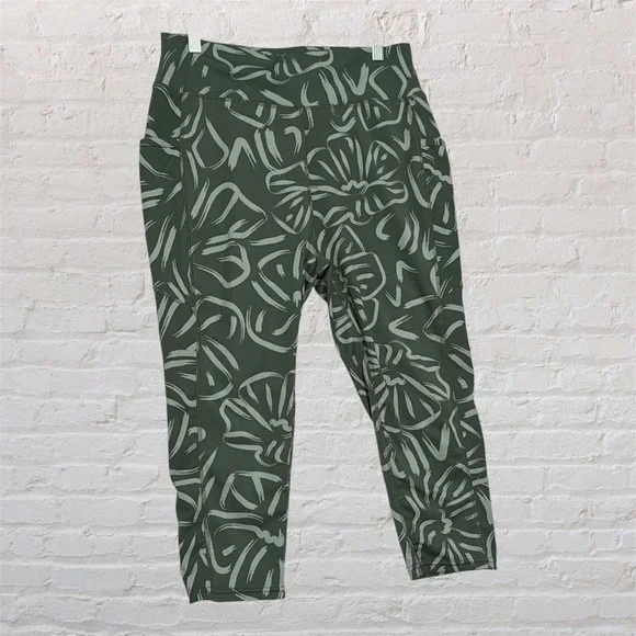 Pop Fit Womens XL Green Floral High Waisted Cropped Leggings with Pockets