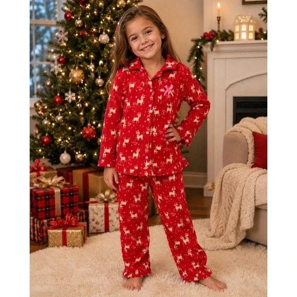 Betsey Johnson Girls Christmas Reindeer Pajama Set Size 7 Red Plush