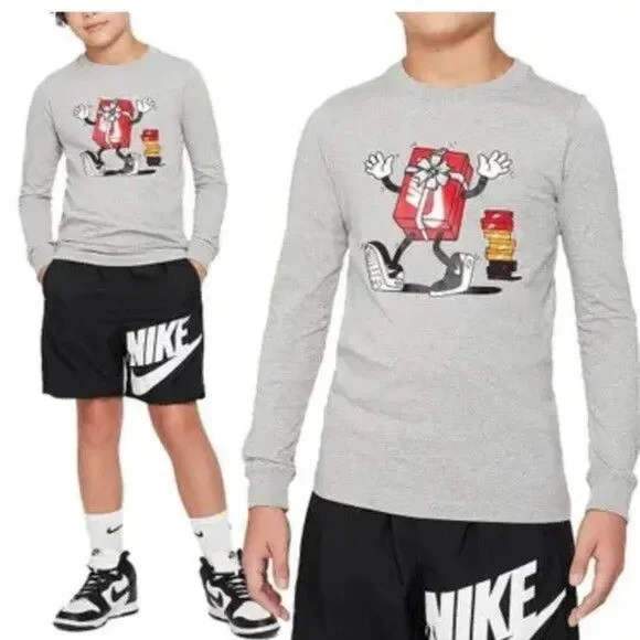 NIKE ❤️🔥NIKE SPORTSWEAR BIG KIDS' LONG-SLEEVE T-SHIRT GREY boys girls shirt M