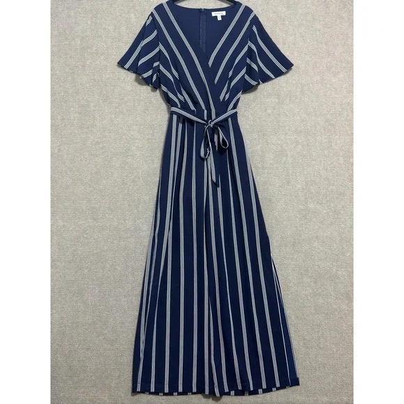 Monteau Jumpsuit Womens Large Striped Wide Leg Belted Short Sleeve One‎ Piece
