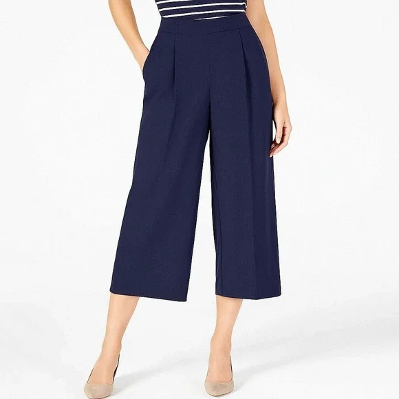 Maison Jules Pants Womens 10 Navy Blue Cropped Wide Leg Trousers High Waist NWT‎