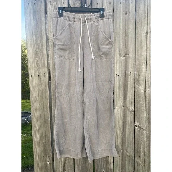 Tencel Lyocell Wide‎ Leg Drawstring Pants Taupe Grey Relaxed Trousers Womens