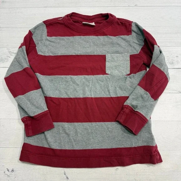 Hanna Andersson boys dark red grey striped long sleeve cotton shirt 120 6/7‎