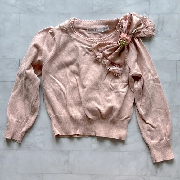Angel’s Face Little Girls Pink Sweater with Satin & Lace Bow (3-4Y)