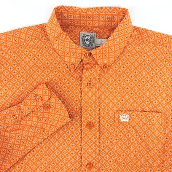 Cinch Shirt Boys XL 14 Orange Geometric Western Button Down Long Sleeve Cowboy