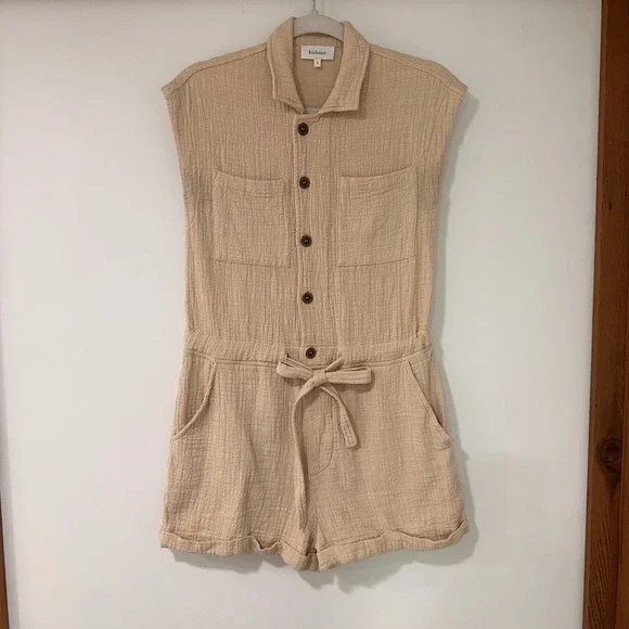 Bohme‎ Cotton Gauze Sleeveless Romper Women Size S Beige Button Front | Coastal