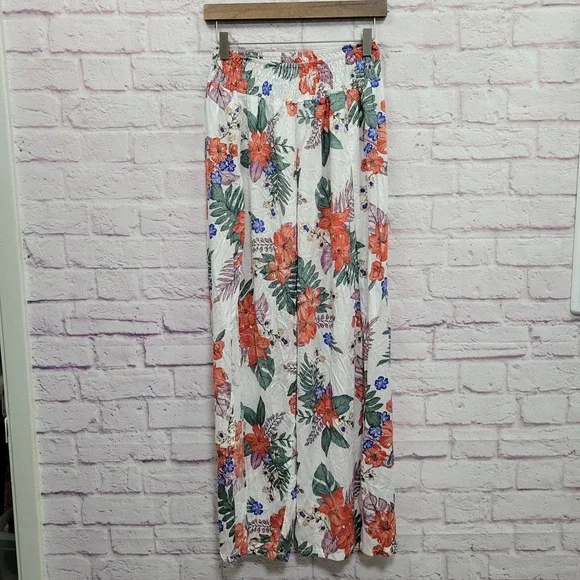 Uluwatu Floral High Slit Palazzo Pants L XL Smocked Wide Leg Tropical Resortwear