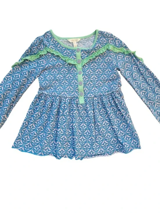 Matilda Jane Girls Head in the Clouds Cotton Blue Green Ruffle Top Size 8 Boho