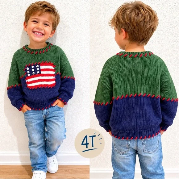Kids ramie & cotton vintage‎ Color block Flag Knit Sweater - Green & Navy 4T
