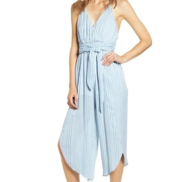 Moon River Anthropologie Jumpsuit Beach Blue White Stripe Cropped Flyaway Leg