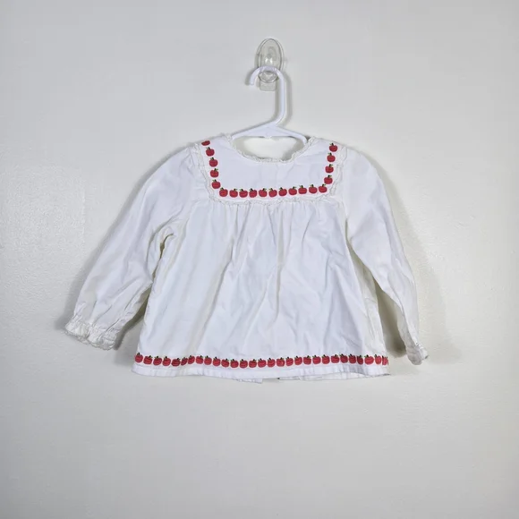 Baby Boden Girls White Apple Embroidered Long‎ Ruffle Sleeve Boho Top 12-18Mo