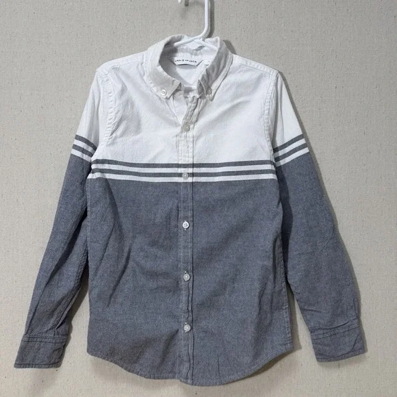 Janie‎ and Jack Boys Shirt Size 7 Gray White Stripe Button Up Cotton Preppy