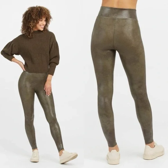 Spanx Faux Leather Croc Shine Leggings Darkened Olive Green‎ Size Small