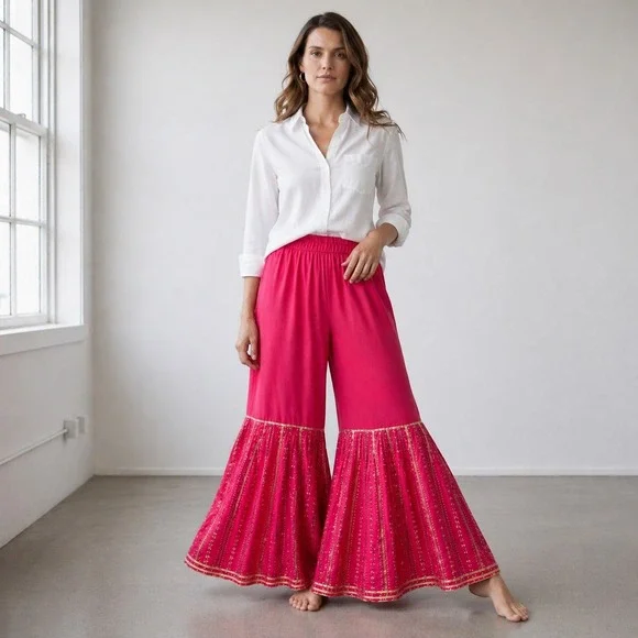 Boho‎ Ethnic Sharara Pants Diya 4XL Pink Gold Embellished Extreme Wide Leg Bell