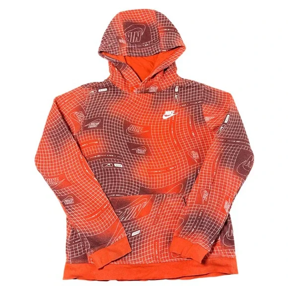 Nike Kids XL Orange Grid Warp All Over Print‎ Pullover Hoodie Swoosh Logo
