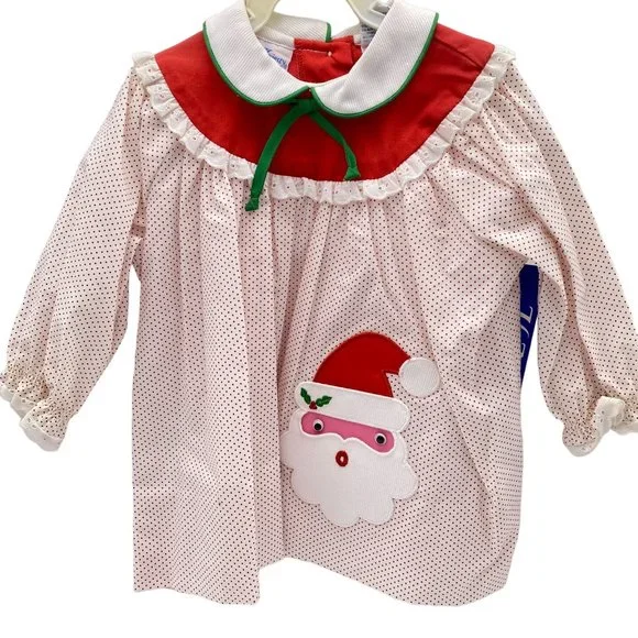 Vintage Girls Christmas swing top size 12M NOS Santa Claus patch Polka dot Her M