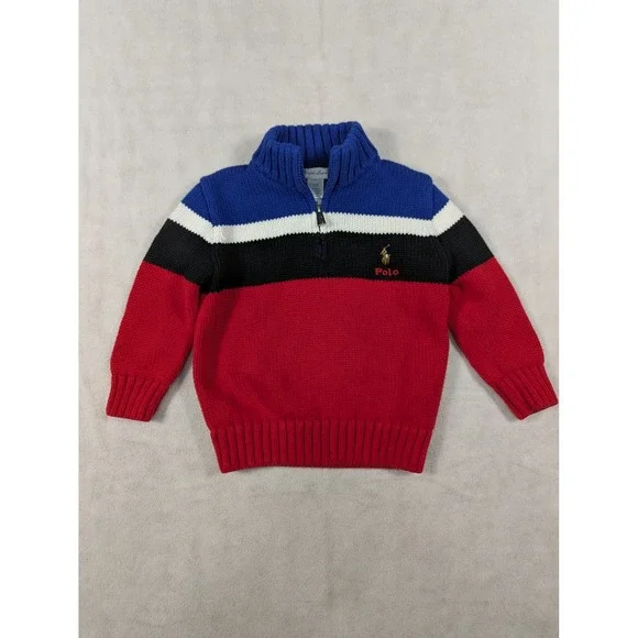 Polo Ralph Lauren Striped Kids Quarter Zip Pullover‎ Sweater Flesh Pony