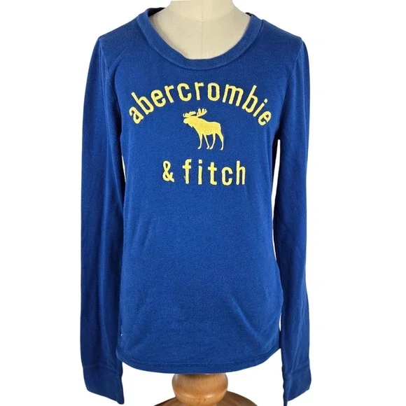Abercrombie & Fitch Long Sleeve Graphic Tee Top Kids Blue Yellow Size M Y2K Cool