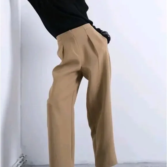 Topshop‎ Women's 10 slouchy Wide Leg tailored pants in taupe Brown Oldmoney