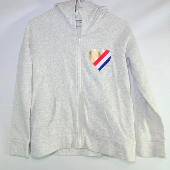 Old Navy Girls‎ XL 14 Gray Zip Up Hoodie Heart Graphic Gold Foil Red White Blue