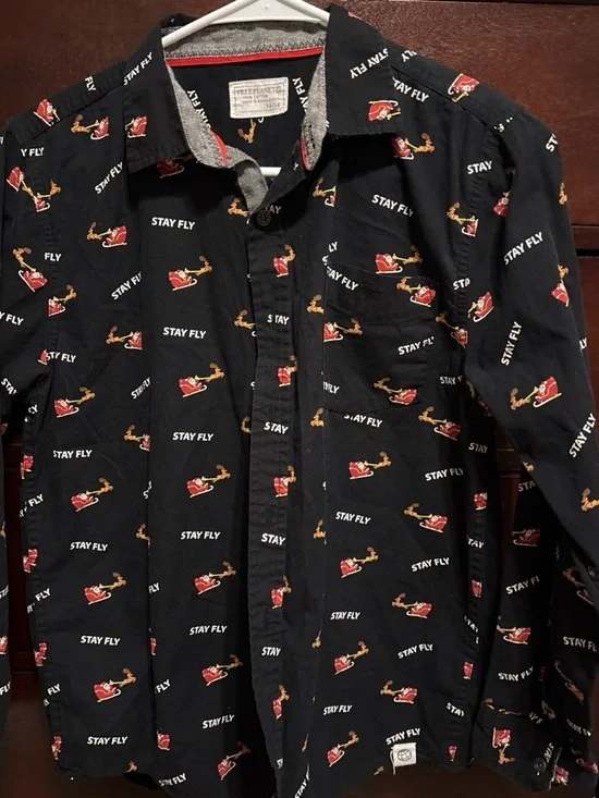 Free Planet Black Button-Down Shirt with Red and Tan Print