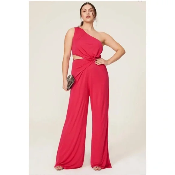 Halston Randi Jersey Twist Jumpsuit Wide Leg Sz 16 Pink Formal‎ Cocktail Wedding