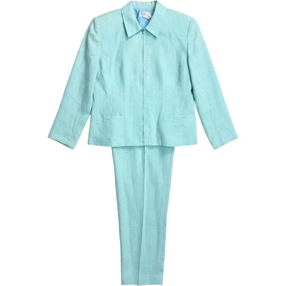 Talbots Vintage 100% Irish Linen‎ 2 Piece Pant Suit Light Blue Zip Jacket Size 8