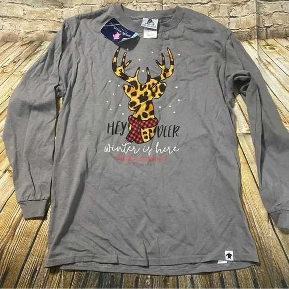 NWT Simply Southern Gray Long Sleeve Deer Winter T Shirt