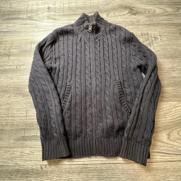 LL Bean Cardigan Sweater Girls M 10/12 Gray Cable Knit Full Zip Mock‎ Neck AE39