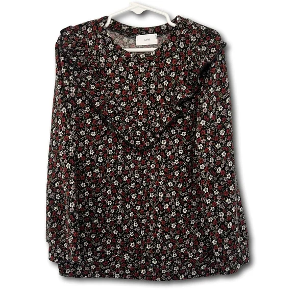 Kids Long Sleeve Pheasant Shirt Front Frills Floral Red Black Girls Size Large 8