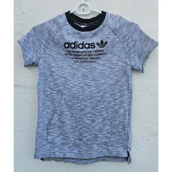 Adidas Youth Boys Small‎ 9-10 Short Sleeve Sweatshirt Gray Pockets Spellout Logo