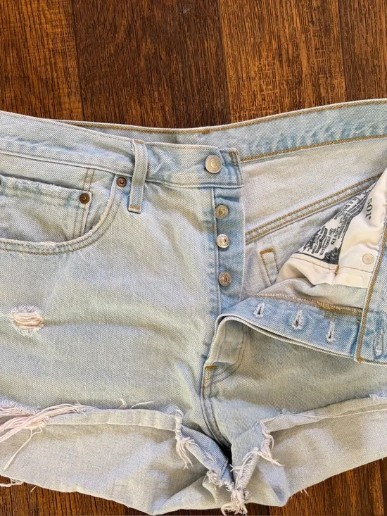 Women's Levi's 501 Jorts Blue Solid 32 Short Cut-Off‎ Retro Daisy Duke Premium