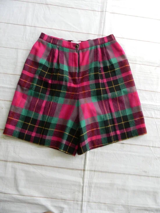 VTG WOOL BLEND PLAID WM'S SHORTS PINK/GREEN 15/16