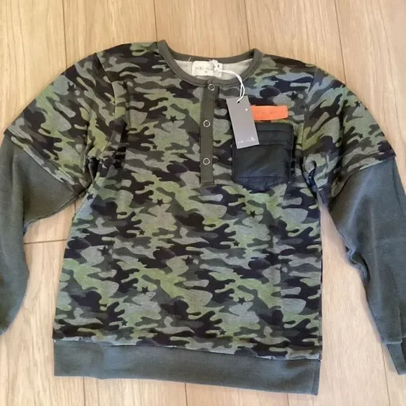 NWT Miki Miette Brand Boys Green Camo Long Sleeve Henley Sizes 6 and 8