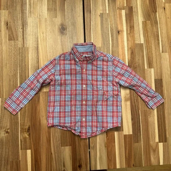 Janie and Jack Boys Red White Blue Plaid Button Down Shirt 2T Cotton Long Sleeve