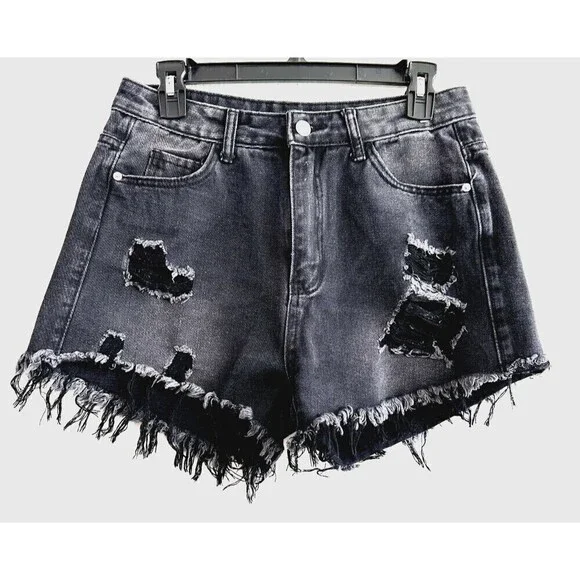 Shein Women's Distressed Denim Jean Shorts Black High Rise Size M summer beach‎