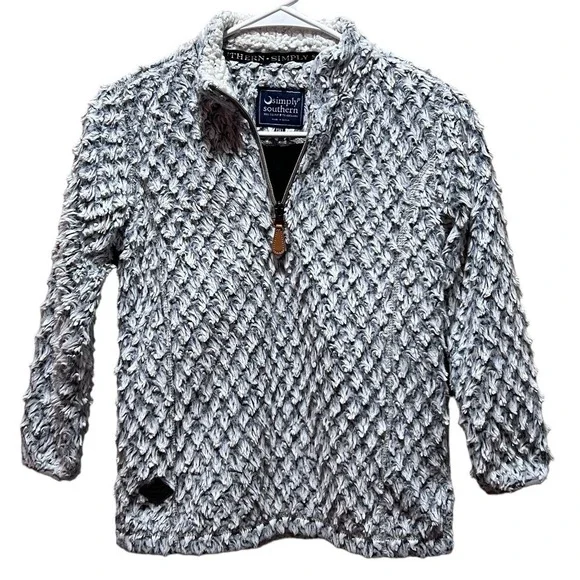 Simply Southern Sz Youth Lg YL Gray Textured 1/4 Zip Cozy Jacket Faux Sherpa‎
