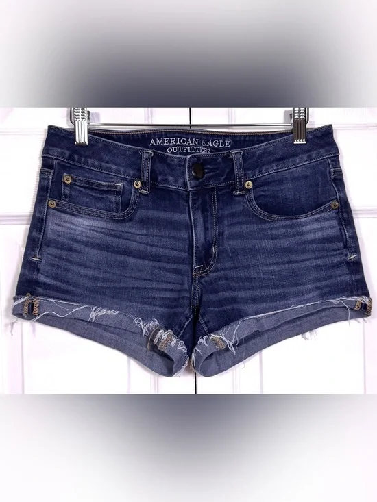 American Eagle Shortie Denim Shorts Dark Wash Super Stretch Distressed Hem Sz 6