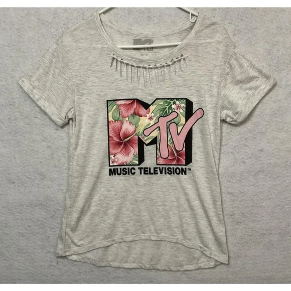 MTV Music Shirt Girls‎ M Gray Floral Logo Cutout Scoop Neck Graphic Tee