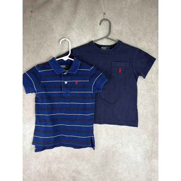Polo Ralph Lauren Shirts Boys 24M Navy Blue Striped Polo and Pocket Tee Set