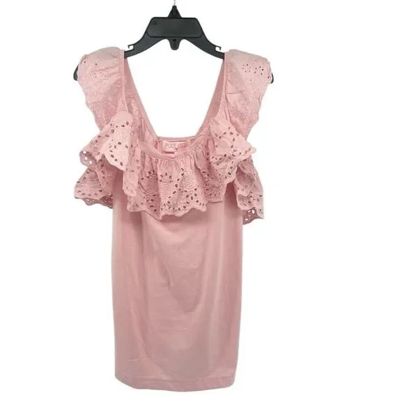 Poof Girl Pink Eyelet Ruffle Trim Sleeveless Cotton Blend Top - Small
