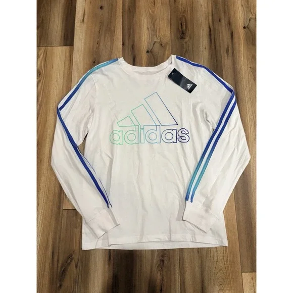 Adidas Boys Youth XL White Long Sleeve T-shirt‎ Stripes NWT