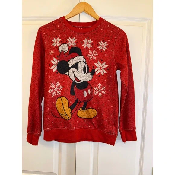 Disney Mickey Mouse Red Christmas Snowflake Ugly Sweater Kids Size L Long Sleeve