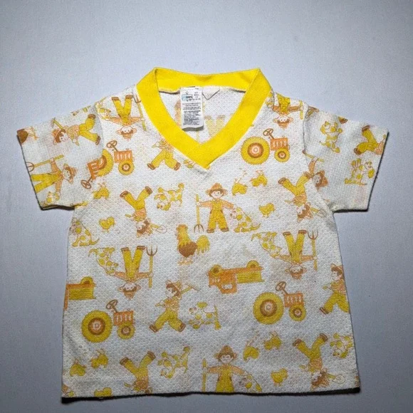 70s Kmart Shirt Toddler 2-3 Yellow‎ Farm Print Polyester Waffle Knit Tractor