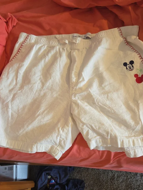 Disney White Linen Blend Mickey Mouse Embroidered Shorts with Red Trim